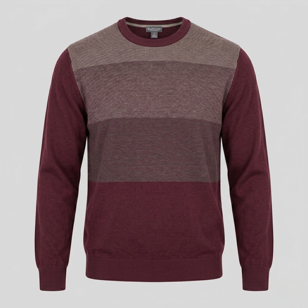 Van Heusen Mens XL Burgundy Sweater Pullover Crew Neck Striped Cotton Blend Knit